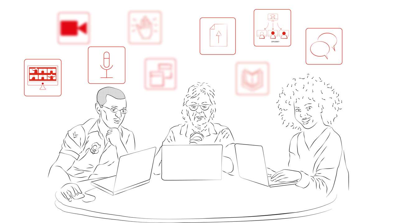 A black-and-white digital line drawing of three people sitting at a round table, working on their laptops. The group consists of a police officer in uniform, a middle-aged woman wearing glasses, and a young woman with curly hair, who is smiling. Floating above them are various red icons representing online communication and collaboration tools, including a microphone, a video call screen, a document upload symbol, chat bubbles, and a workflow diagram.